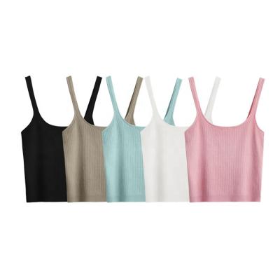 China Custom Summer Women's Casual Crop Tops Anti-Wrinkle Ribbed Knit Spaghetti Tie Up Sleeveless Solid Vest for sale