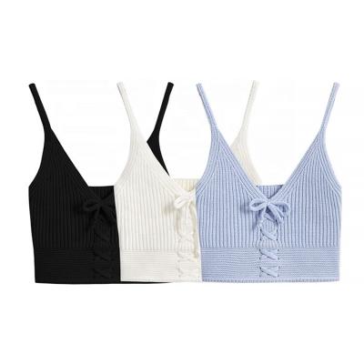 China Custom Women's Crop Tops QUICK DRY Summer Ribbed Knit Spaghetti Tie Front Vest Sleeveless Bandage for sale