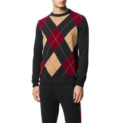 China Custom High Quality OEM Wool Cashmere Jacquard Knitwear Sweater Argyle Anti-wrinkle Crewneck Intarsia Knit Mens Sweater for sale