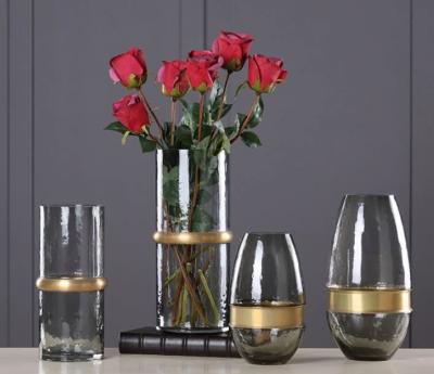 China Minimalist Nordic Copper Clear Flower Metal Cylindrical Glass Vase Vintage Transparent Ring Glass Vase for sale