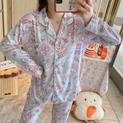 China Autumn Boutique Women QUICK DRY Pajamas Long Sheath Long Pants 2Pcs Sets Silk Nightgown Milk Lapel Collar Leisure Home Wear Suit For Lady for sale