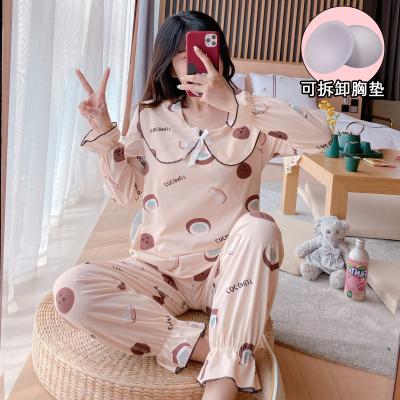 China Autumn Women Sleep Lounge Pajama Thermal Long Sleeve Removable Chest Pad Pijama Set Cartoon Pajama 2Pcs Polyester Sleepwear Set For Lady for sale