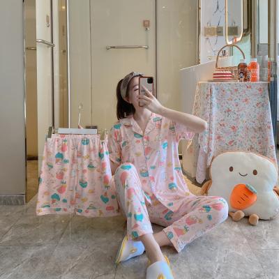 China Home Wholesale QUICK DRY Women's Milk Silk Pijamas 3Pcs Suit Pajamas Wear Korean Version Cartoon Casual Pajamas Sleep Wear Loose For Lady for sale