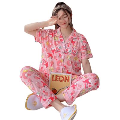 China QUICK DRY Women's Milk Silk Lapel Loose Cartoon Printed 2 Piece Short Sleeve Customized Cardigan Summer Plus Size Homewear Pajamas for sale