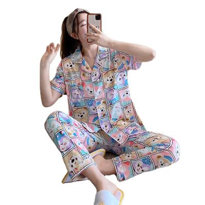 China QUICK DRY Women's College Clothes Two Sets Summer Milk Silk Cartoon Animal Print Plus Size Buttons Design Casual Sleepwear for sale