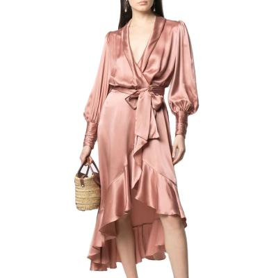 China 2021 Hot Selling Anti-wrinkle Solid Color Satin Dress Female Long Sleeve Asymmetrical Tight Dress Dress for sale