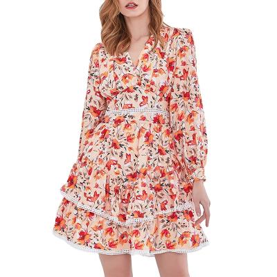 China 2021 New Autumn Women's Breathable French Size V-Neck Skirt Floral Cake Dress Retro High Slim A-Line Skirt for sale