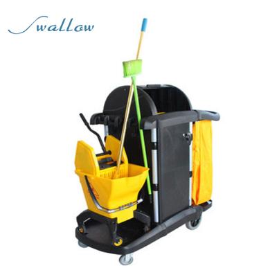 China Hotel Quality Storage Multifunctional Case Housekeeping Trolley Cleaning Trolley With Two Tone Nylon Garbage Bag for sale