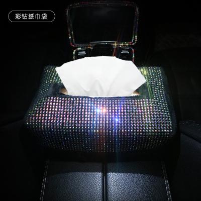 China Diamond Colorful Crystal Car Tissue Box Holder Back Seat Hanging Diamond Tissue Paper Case Rhinestone Tissue Box Bag for sale