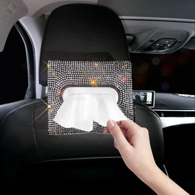 China 2021 Hot Selling Fashion Diamond Car Sunshade Fabric Covered Wagon Armrest Tissue Box Holder Luxury Car Bling Back Support for sale