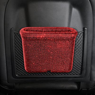 China Crystal Round Trash Can Bling Stocked Hanging Interior Accessories of Back Seat Car Trash Can Vehicle Dust Crate Storage Box for sale