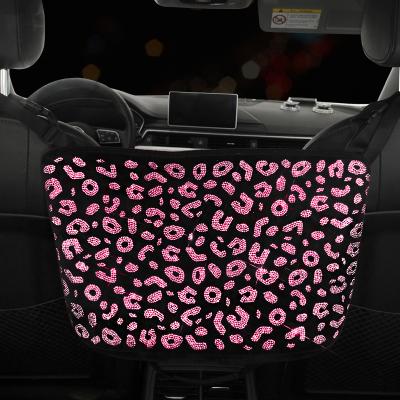 China Luxury Folding Car Bling Leopard Storage Swamp Backseat Organizer In Car Interior Trash Can Garbage Bin Car Bling Accessories for sale