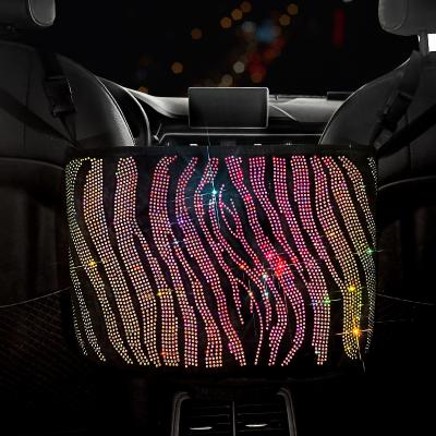 China Bling Car Accessories Folding Barrier Women Striped Storage Case For Backseat Pet Kids Storage Bag Purse Holder Rhinestone Driver for sale