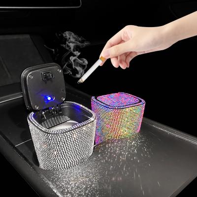 China Morden Car Ashtray Sparkling Glitter Women Bling Luxury Stainless Car Led Light Ashtray With Smoking Lid For Home Office for sale