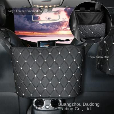 China Bling Diamond Black Leather Car Seat Holder Car Chair Bag Organizer Bottle Phone Storage Bag Diamond Automobile Storage Bag Leather for sale