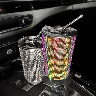 China Sustainable Car Ornaments Fluid Diamond Stainless Steel Cup Water Bottle Airtight Seal Lid Liquids 500ml/16.9oz With Straw for sale