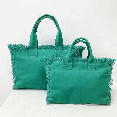 China Summer Light Green S and L Tassel Fringe Fashion Waist Canvas Shopping Bag Beach Tote With Inner Zipper Pocket for sale