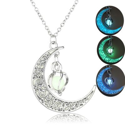 China New Design TRENDY Glow in the Dark Necklace Luminous Stone Beads Moon Pendant for sale