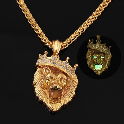 China CZ Diamond Luminous Lion Head Pendant Punk Glow in Dark Necklaces for sale