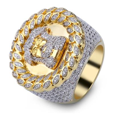 China Casual/Sporting Ice Out Big Pharaoh Stone Jesus Head Rings Bling CZ Around Ring Hip Hop Men's Jewelry for sale