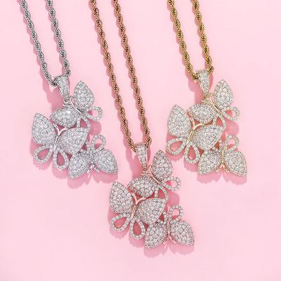 China Full Diamond Hip Hop Jewelry Pink Butterfly Zircon Chain Necklace Gemstone Jewelry Iced Out Butterfly Pendant Necklace 3pcs for sale