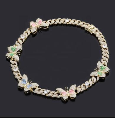 China Delicate Flower Cuban Link Miami Choker Chain Gold Out of CZ Diamond Ice Butterfly Necklace Jewelry for sale