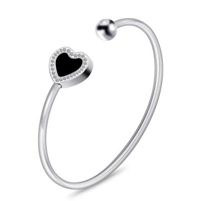 China High Quality Open Bangle Shape Ice Out Lab Diamond Love Heart Stainless Steel Titanium Steel Bracelet For Women for sale