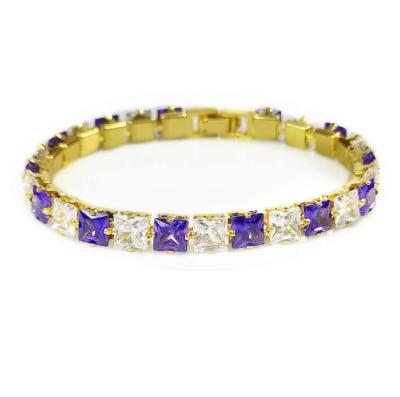 China Fine Jewelry 6mm CZ Diamond Tennis Trendy Bling Two Tone Purple Bracelets Square Gold Hitter Ice Bracelet for sale