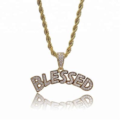 China Hiphop Iced Out Cubic Zircon Bubble Letters BLESSED Necklace Bling Hip Hop Festival Pendant Jewelry for sale