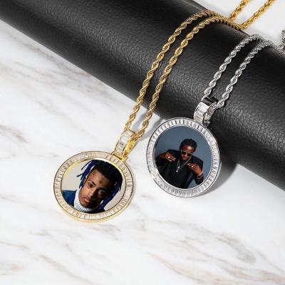 China Custom CZ High Quality Diamond Necklace Hiphop Ice Hip Hop Gold Plated Round Shape Baguette Photo Engraving Pendant Letter for sale