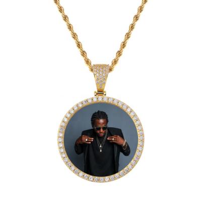 China Custom Hiphop Photo Round Medal Pendant Cubic Zircon Accept Engraving Letter Charm Memory Bling Circle Picture Necklace for sale