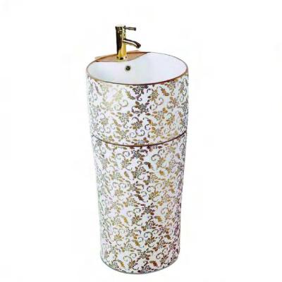 China Large Size Modern Gold Color Design Round Ceramic Pedestal Wash Basin Luxury Gold Floor Stand for sale