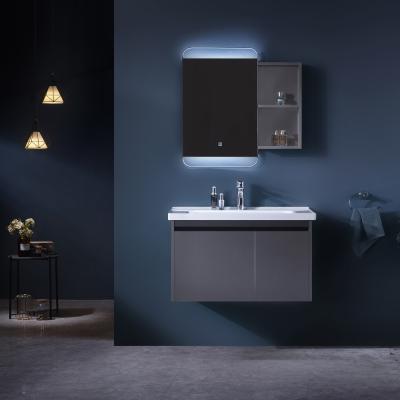 China Factory modern whosalesolid wood bathroom cabinet with mirrored bathroom vanity mirror with led for sale