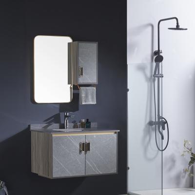 China New Design Modern Hotel Use Wooden Bathroom Cabinet With Mirror Set Gray Color Bathroom Vanity Marble for sale