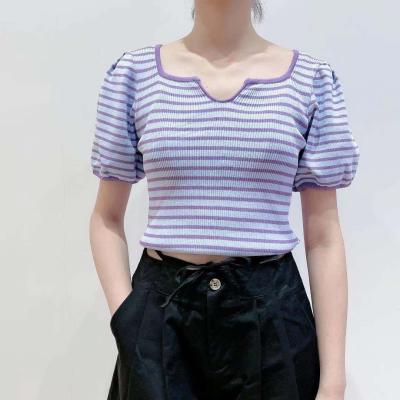 China Fashion Striped Top Summer Anti-wrinkle T-shirt Casual Women's Cotton Short Sleeve Tight V-Neck T-Shirt for sale