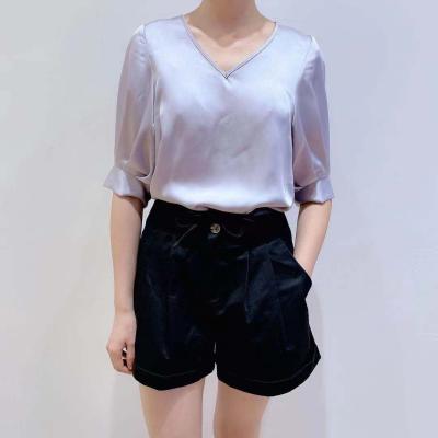 China Latest Anti-wrinkle Ladies Summer Fashion V-neck Short Sleeve Chiffon Blouse Shirt Tops for sale