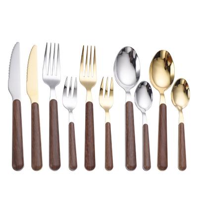 China Sustainable Reusable Food Grade Stainless Steel Spoon Knife Fork Silverware Walnut Handle Cutlery Set Wood Grain for sale