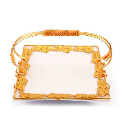 China Christmast Ornament Farmhouse Christmas Decor Dessert Handle Gold Ceramic Tray for sale