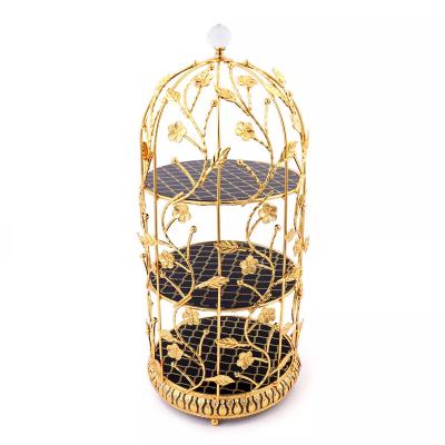 China Birdcage Three Layer Cake Stand Wrought Iron Ceramic Fruit Tray Afternoon Tea Dessert Decorative Wedding Luxury Three Tier Stand for sale