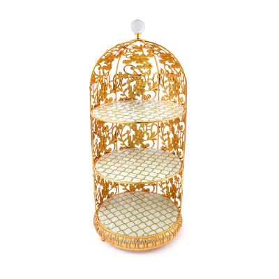 China Modern Exclusive Promotional Original Gifts Metal Gold Plated Birdcage Shaped Cakee Stand Lacework for sale