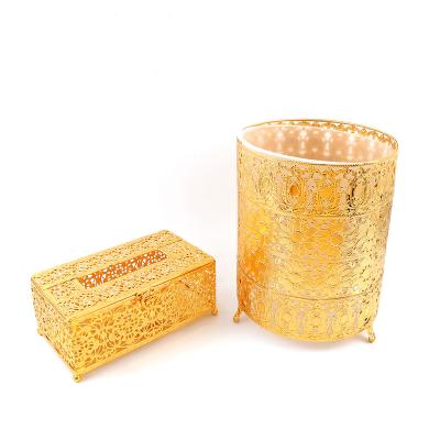 China 2022 Art Decor Household Essential Supplies Gold Silver Trash Bin Luxury Gold Home Tissue Box Set for sale