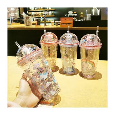 China New Product Summer Sale Quicksand Ice Cup Sustainable Hot Straw Unicorn Double Portable Water Cup for sale