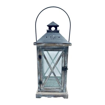 China Wedding Home Decorative Antique Wood Rustic Centerpiece Metal Candle Lantern Hanging Lantern Farmhouse for sale