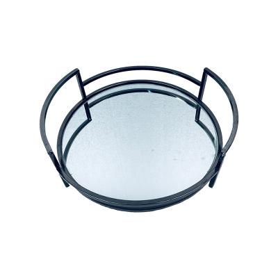 China Sustainable Decorative Table Mirror Tray Round Serving Tray With Food And Dessert Metal Glass Top Tray for sale