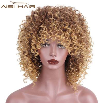 China Aisi Hair Afro Kinky Curly Wig Synthetic Short Curly Curly Wigs For Women Color Blonde Brown Mixed Heat Resistant Fiber for sale