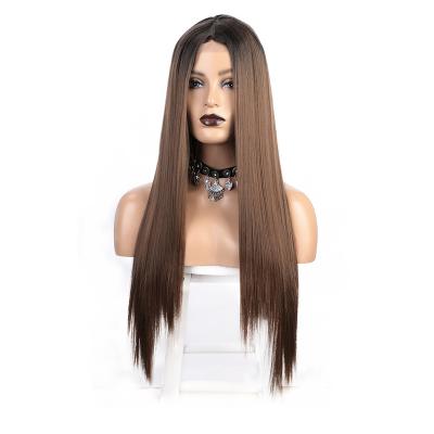 China Popular Wholesale Seller Aisi Silky Straight Hair Long Natural Looking Ombre Brown Ombre Wig Silky Straight Wig For Black Women Synthetic Hair Wigs for sale