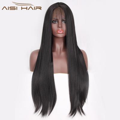 China Aisi Silky Straight Synthetic Hair Long Natural Black Lace Front Wigs With Baby Hair For Color Women Heat Resistant Fiber for sale