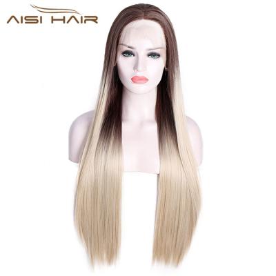 China Good Quality Wave Synthetic Fiber Heat Resistant Full Lace Wigs Silky Straight Synthetic Front Wigs Silk Straight Blonde Ombre Long Wigs for sale