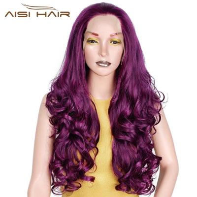 China Cheap Body Wave Aisi Hair 24 Inch Hair Wigs Cosplay Party Lace Wig Wavy Purple Long Body Wave Frontal Wigs Synthetic Hair Wigs For Black White Women for sale