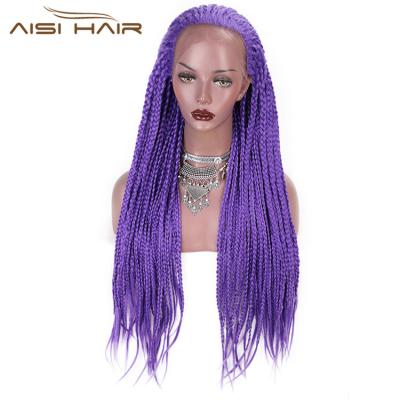 China Long Aisi Braids Hair Box Braids Long Lace Front Wigs Purple Gluless Synthetic Braids Lace Front Wigs For Black Women for sale